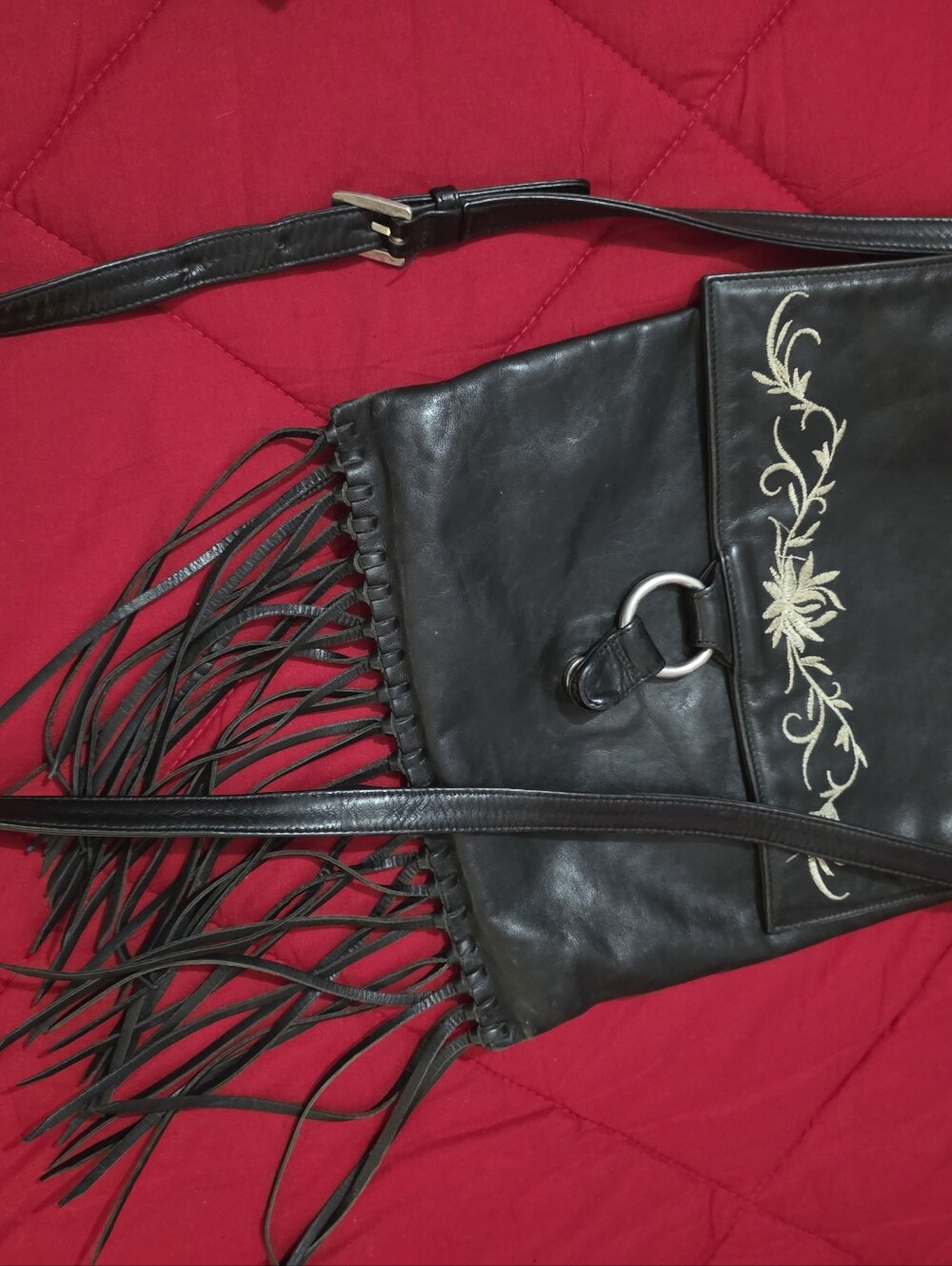 Black Fringe Shoulder Bag with Embroidered Detail By Jennifer Scott 🖤